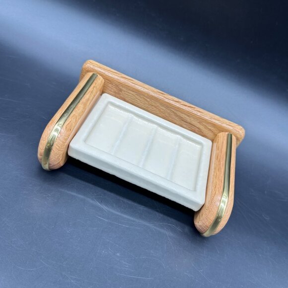 Other - Vintage Wall Mount Soap Dish Ceramic Wood 1980s Taiwan Retro Bathroom Accessory